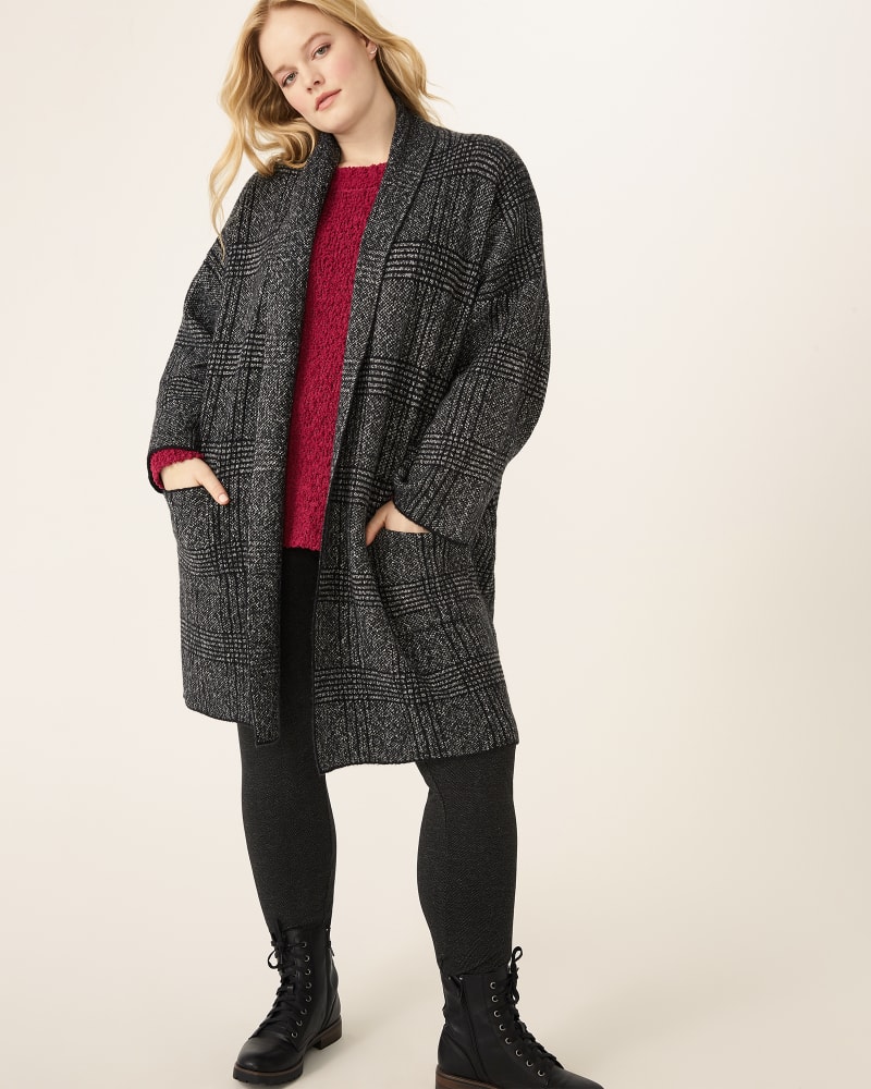 Plus size model with apple body shape wearing Deirdre Plaid Knit Cardigan Jacket  by Love Token | Dia&Co | dia_product_style_image_id:175359
